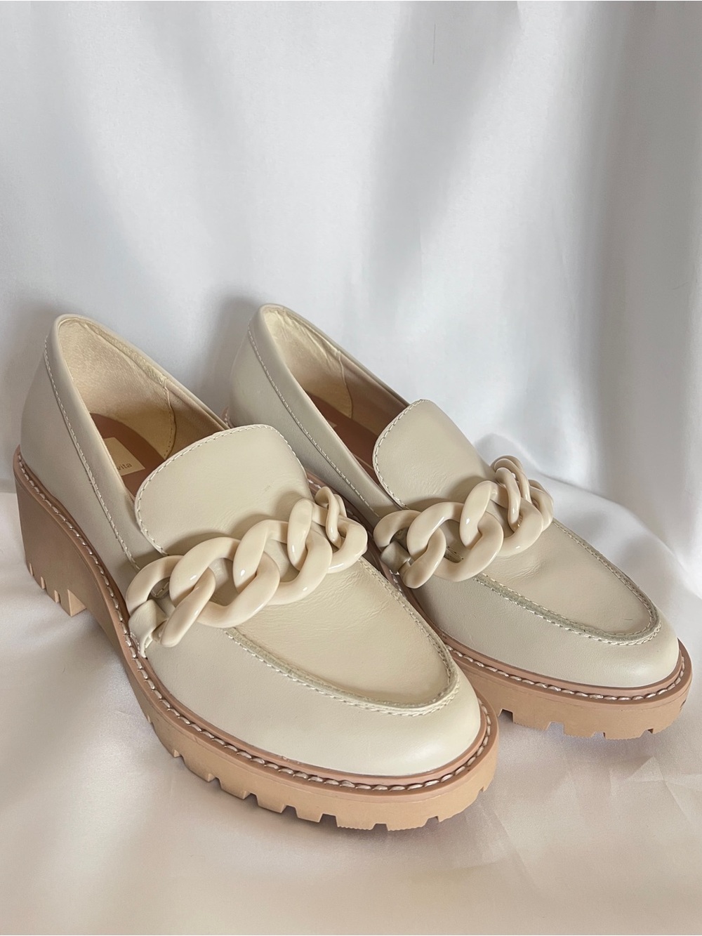New Dolce Vita Haris Ivory Leather Platform Lug Sole Chain Link Loafers 7.5